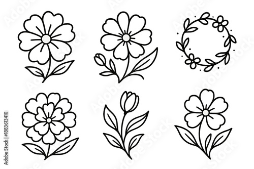 Floral Icon Harmony. Soft Bouquet Garden Harmony set in outline vector style : layered petal form, budding stem, leafy curve, floral mote, natural curl line, bloom ring