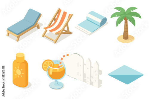 Isometric Poolside Icons. Outdoor pool set in isometric flat vector : sun lounger, deck chair, pool towel, palm tree, sunscreen bottle, poolside drink, fence icon, horizon line