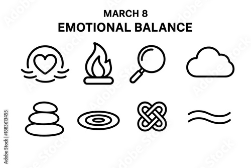 Emotional Balance Icons. March 8 Emotional Balance set in outline vector style: heart-in-harmony icon, soothing flame, clarity lens, peaceful cloud, grounding