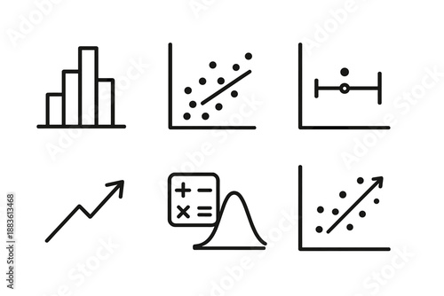 Data Analysis Icons. Statistical Data Analysis set in outline vector style: histogram, scatter plot, regression line, confidence interval, outlier dot, trend
