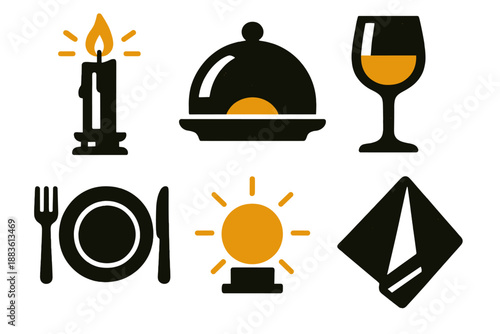 Brutalist Dinner Icons. Dinner ambience icon set in silhouette bold style. Contain glowing candle, serving dome, elegant glass, table setting, warm light orb, folded linen