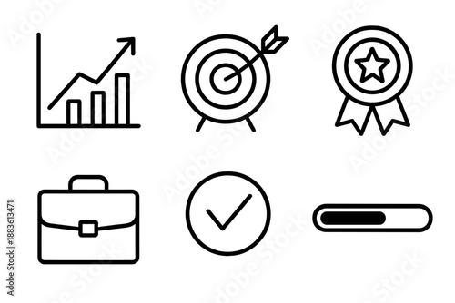 Women's Day Achievement Icons. International Women’s Day Professional Achievements milestones set in outline vector style: upward graph, target, award star, briefcase, checkmark, progress bar