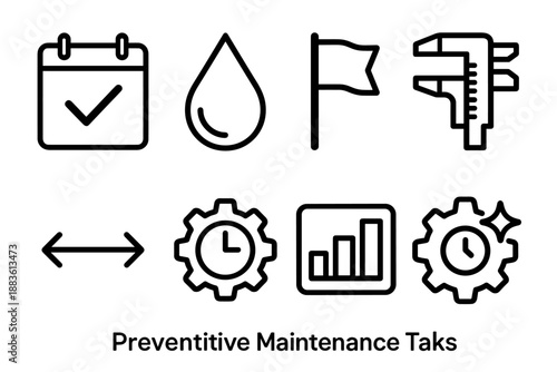 Preventive Maintenance Icons. Preventive Maintenance Tasks set in outline vector style: calendar checkmark, lubrication droplet, inspection flag, wear gauge,