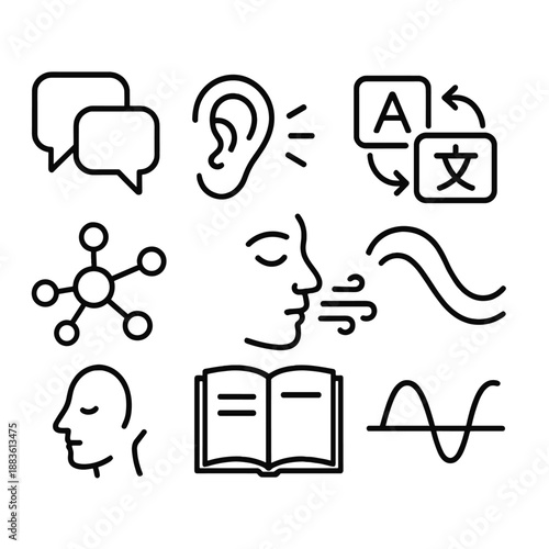 Adaptive Communication Icons. Adaptive Communication set in outline vector style: chat bubbles, listening ear, gesture lines, translation arrows, connection