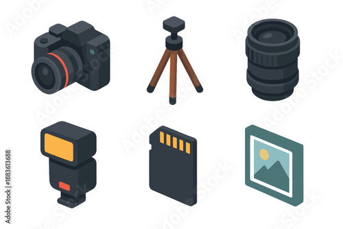 Photography Equipment Icons. Photography set in isometric flat vector : Camera, Tripod, Lens, Flash, Memory Card, Photo Frame
