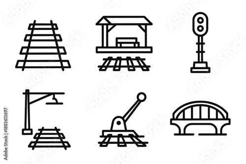 Rail Infrastructure Icons. Rail Systems infrastructure set in outline vector style: rail track, station platform, signal post, overhead line, switch lever, bridge span