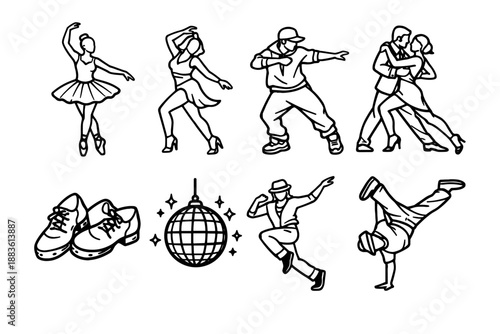 Dance Icons Collection. Danceset in outline vector style ballerina, salsa dancer, hip hop dancer, tango couple, tap shoes, disco ball, jazz dancer, breakdancer