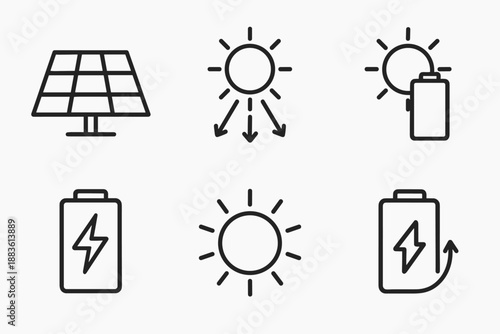 Solar Energy Icons. Harvesting Energy solar set in outline vector style: solar panel, sun disk, light beam, energy cell, radiant ring, charge arrow