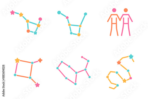 Vibrant Constellation Icons. Constellations vector set in modern flat style : Big Dipper, Little Dipper, Gemini, Pegasus, Andromeda, Draco