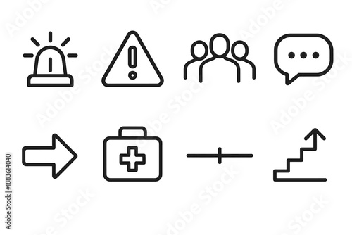 Emergency Icon Set. Crisis Response Planning set in outline vector style: emergency beacon, hazard triangle, response team icon, communication bubble, action