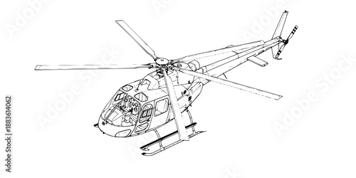 Helicopter Aviation Vector - Aerial Aircraft with Rotor Blades Technical Line Art Design