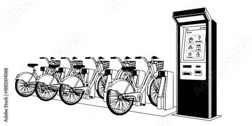 Bike Sharing Station Vector - Smart City Bicycle Rental System with Docking Interface Line Art