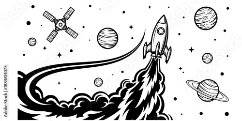 Space Rocket Launch Vector - Futuristic Space Travel with Planets and Stars Line Art Illustration