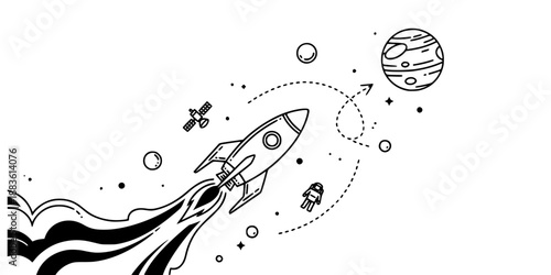 Space Rocket Launch Vector - Futuristic Space Travel with Planets and Stars Line Art Illustration