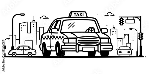 Classic Taxi Cab Vector - Urban City Transport with Checkered Pattern Line Art Design