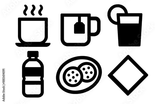 Brutalist Beverage Icons. Beverage break icon set in silhouette bold style. Contain coffee cup, tea mug, juice glass, water bottle, snack plate, napkin