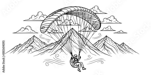 Paragliding Adventure Vector - Sky Sport with Mountain Landscape and Wind Elements Line Art