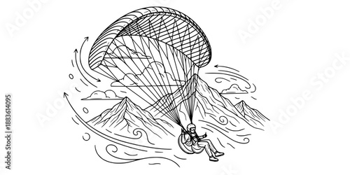 Paragliding Adventure Vector - Sky Sport with Mountain Landscape and Wind Elements Line Art