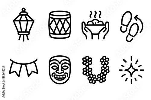 Cultural Icon Set. Cultural Festivities set in outline vector style: festive lantern, patterned drum, shared meal bowl, dance step icon, celebration ribbon, cultural mask, flower garland, joyful spark