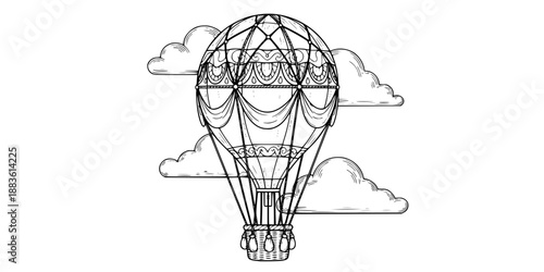 Hot Air Balloon Adventure Vector Art - Detailed Vintage Flying Balloon with Clouds Line Illustration