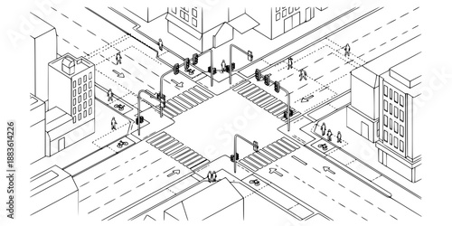 Isometric Urban Street Intersection Vector - City Traffic Infrastructure with Bike Lanes and Crosswalks