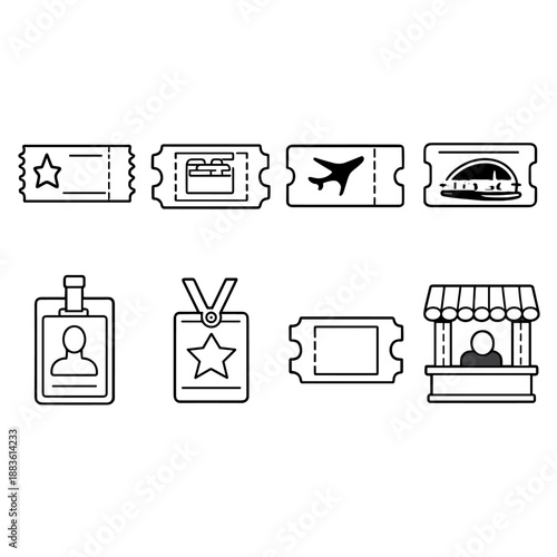 Tickets and Passes Icons. Ticketsset in outline vector style concert ticket, movie ticket, plane ticket, train ticket, event pass, VIP badge, admission stub, ticket booth