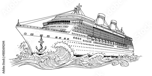 Luxury Cruise Ship Nautical Vector - Ocean Liner with Detailed Decks and Waves Line Art Illustration