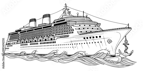 Luxury Cruise Ship Nautical Vector - Ocean Liner with Detailed Decks and Waves Line Art Illustration
