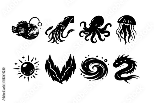 Deep Sea Icons. Deep sea lifeset in outline vector style anglerfish, squid, octopus, deep-sea jelly, bioluminescent glow icon, dark trench silhouette, deep current swirl, mysterious creature outline