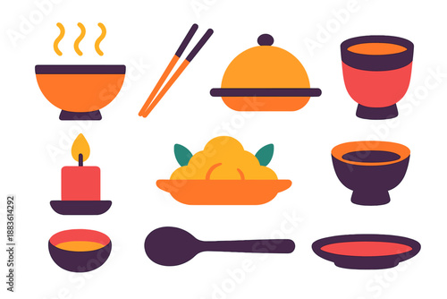 Minimalist Meal Icons. Meal Ceremony vector set in modern flat style : steaming bowl, chopsticks, serving plate, ritual cup, centerpiece dish, spoon, candle, small platter