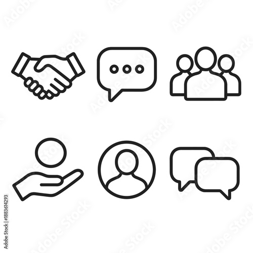 Business Collaboration Icons. Business Support clients set in outline vector style: handshake, chat bubble, group silhouettes, support hand, profile icon, dialogue line