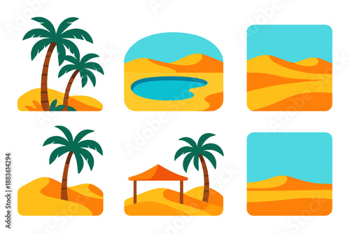 Vibrant Desert Oasis. Desert oasis vector set in modern flat style : palm trees, freshwater pool, sand dunes, shade canopy, clear sky, calm horizon