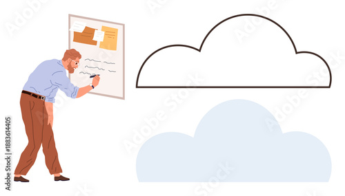 Data storage, workflow organization, creative brainstorming, cloud computing, digital notes, idea management. Man writing on board next to cloud images. Data storage and workflow organization concept