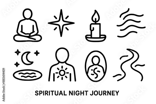 Spiritual Night Journey. Spiritual Night Journey set in outline vector style: meditative figure, guiding star, candle flame, reflective pool, calm night sky,