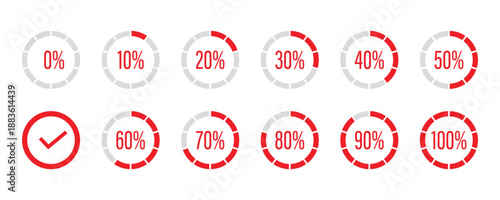 Circular progress indicators with percentage labels and checkmark isolated on transparent background