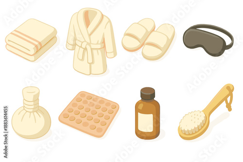 Spa Essentials Icons. Soaktime Spa Essentials set in isometric flat vector : towel, bathrobe, slippers, eye mask, herbal compress, bath mat, essential oil bottle, bath brush