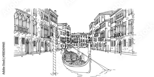 Venice Gondola Boat Vector - Italian Canal Transport with Architectural Details Romantic Line Art