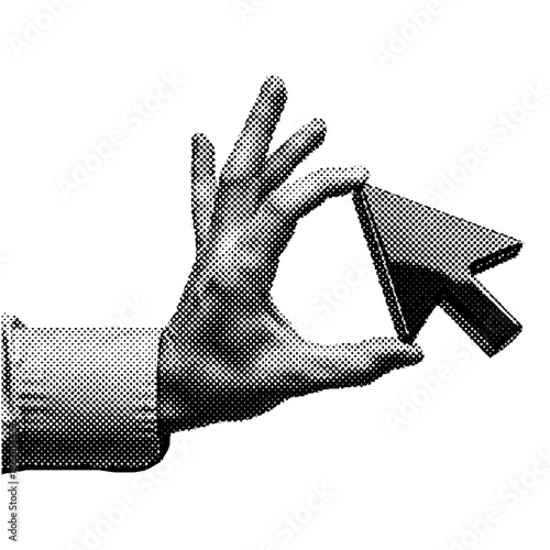 hand holding a computer mouse cursor arrow in retro halftone style