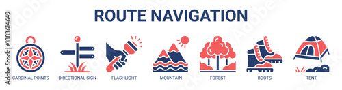 Route Navigation web banner icon vector illustration concept with icon of cardinal points, directional sign, flashlight, mountain, forest, boots.