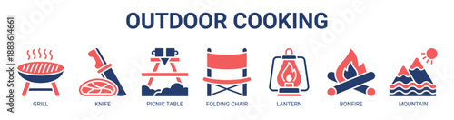 Outdoor Cooking web banner icon vector illustration concept with icon of teapot, grill, knife, picnic table, folding chair, lantern, bonfire.