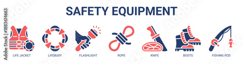 Safety Equipment web banner icon vector illustration concept with icon of first aid kit, life jacket, lifebuoy, flashlight, rope, knife, boots.