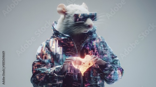 Stylish white rat in futuristic jacket and digital glasses holding glowing heart in surreal cyberpunk setting.