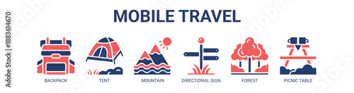 Mobile Travel web banner icon vector illustration concept with icon of camper van, backpack, tent, mountain, directional sign, forest, picnic table.