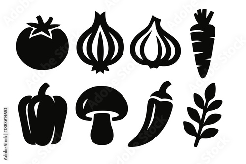 Prepwork Icons Set. Prepwork Ingredients icon set in silhouette bold style. Contain tomato, onion, garlic clove, carrot, bell pepper, mushroom, chili pepper, herb sprig
