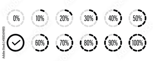 Black circular progress bars with percentage indicators isolated on transparent background