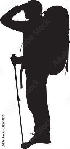Hiker silhouette in contemplative pose with backpack and trekking poles in dramatic black and white for outdoor adventure
