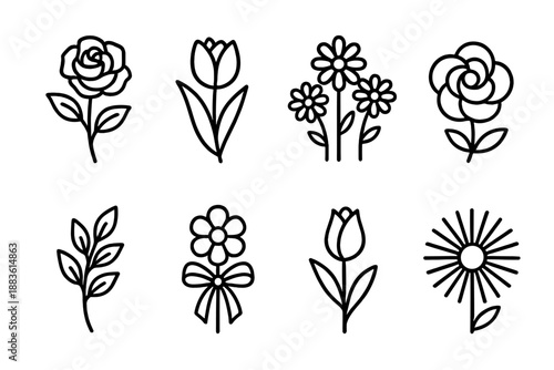 March Floral Outlines. March 8 Floral Inspirations set in outline vector style: blooming rose, tulip stem, daisy trio, soft petal swirl, leafy sprig, floral ribbon, fresh bud, radiant bloom