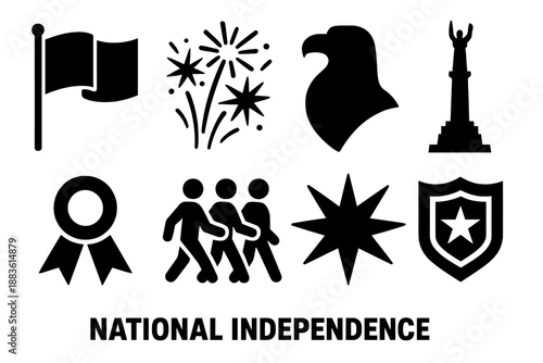 Brutalist Independence Icons. National independence icon set in silhouette bold style. Contain flag icon, fireworks burst, eagle silhouette, monument,