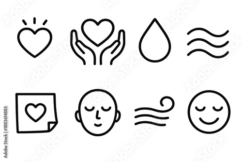 Icons of Comfort. Emotional Daily Comfort set in outline vector style: glowing heart, supportive hands, soothing droplet, comfort wave, gratitude note, calm breath icon, gentle breeze, warm smile