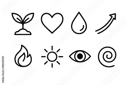 Icons of Inner Growth. Inner Growth set in outline vector style: rising sprout, heart intention, insight droplet, upward curve, gentle flame, clarity beam, mindful gaze, renewal swirl